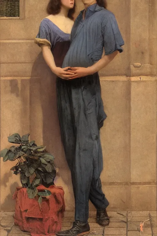 Image similar to Full-length portrait of a handsome!! clean shaven young pregnant male on the streets of Singapore, historically reliable photo chronicle, 1975, ultra detailed digital art, octane render, 4K, by John William Waterhouse and Edwin Longsden Long and Theodore Ralli and Nasreddine Dinet