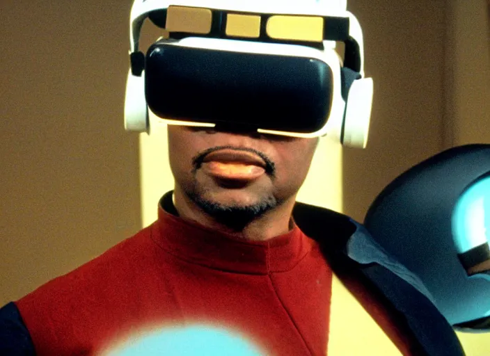 Image similar to geordi la forge wearing a vr headset, action shot, star trek the next generation