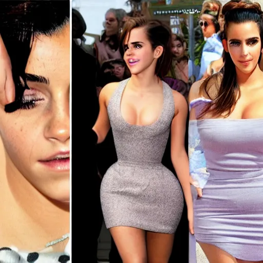 Image similar to emma watson mixed with kim kardashian, single full - figure profile