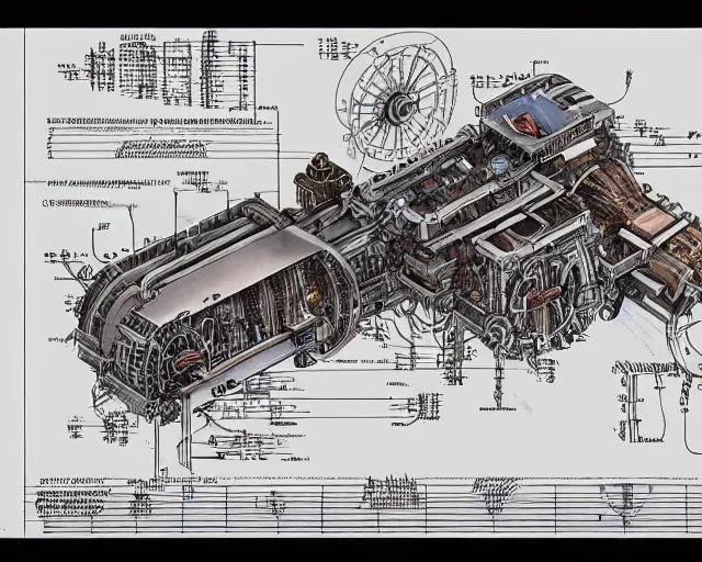 Prompt: a full page of a mechanical blueprint showing a simple cutaway design for a small mechanized wolf from howl's moving castle ( 2 0 0 4 ), with a pilot inside, muted colors, post grunge, studio ghibli, hq