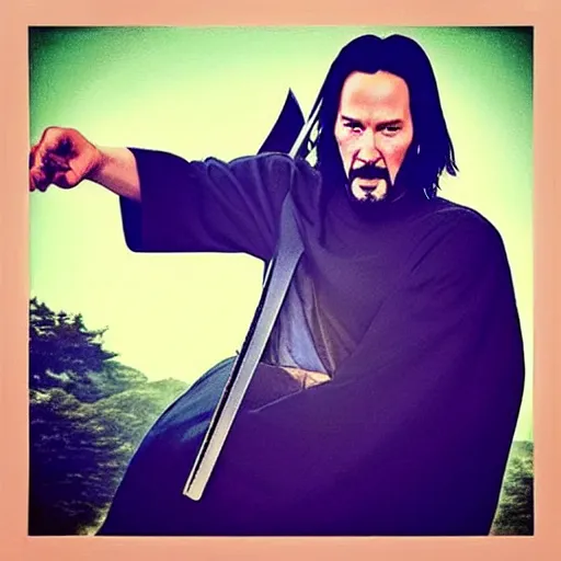 Image similar to Keanu Reeves “Samurai Jack” cosplay sword fight for Pope Jack Blacks entertainment