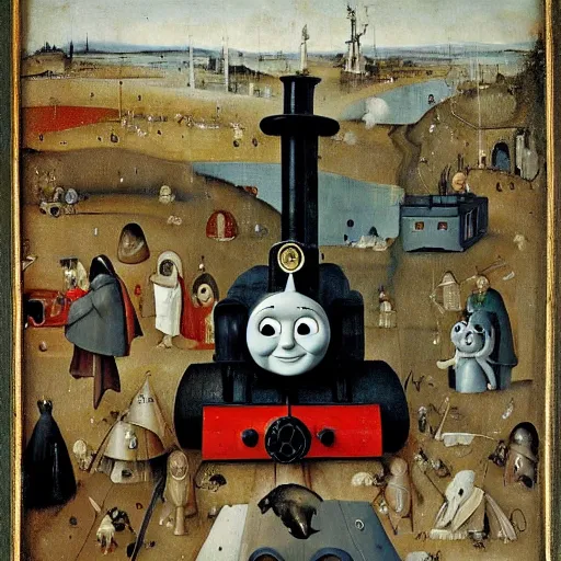 Image similar to thomas the tank engine as painted by hieronymus bosch