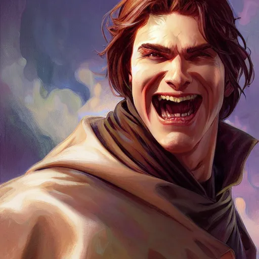 Image similar to character concept, portrait, symmetrical head - on centralized, laughing young man with dark cape. detailed, high quality, dynamic lightning, fantasy, scenematic. artwork by artgerm, wlop, alex ross, greg rutknowski, alphonse mucha