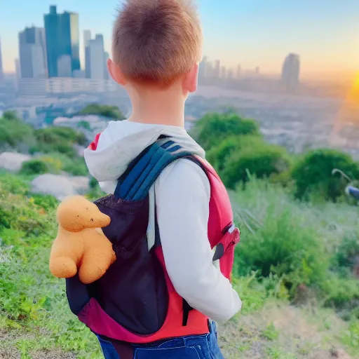 Prompt: A puppy carrying fruit in a backpack, on the top of a hill, looking at the city in the distance, during a sunset, hyper-realistic