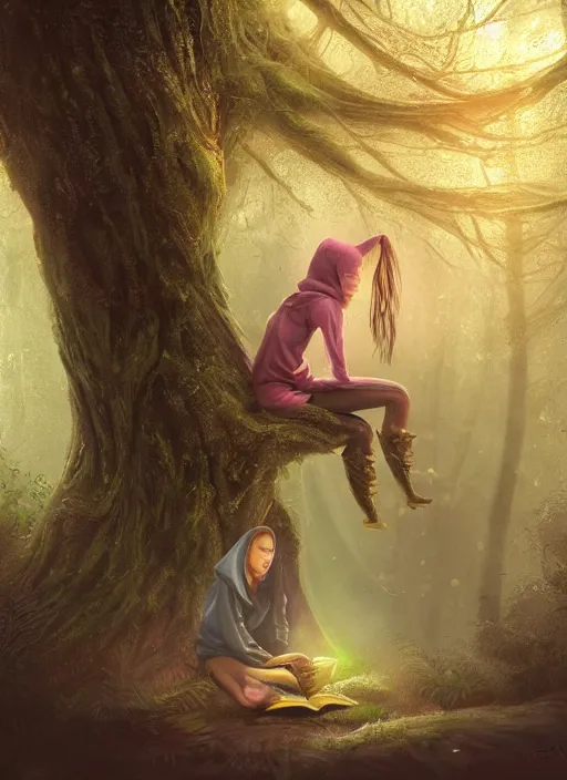 Image similar to portrait, stunningly beautiful girl wearing a hoodie, sits in a mystical misty forest, reading under a tree, fireflies and fairies, dramatic lighting, cinematic, establishing shot, extremly high detail, foto realistic, cinematic lighting, post processed, concept art, artstation, matte painting, style by eddie mendoza, raphael lacoste, alex ross