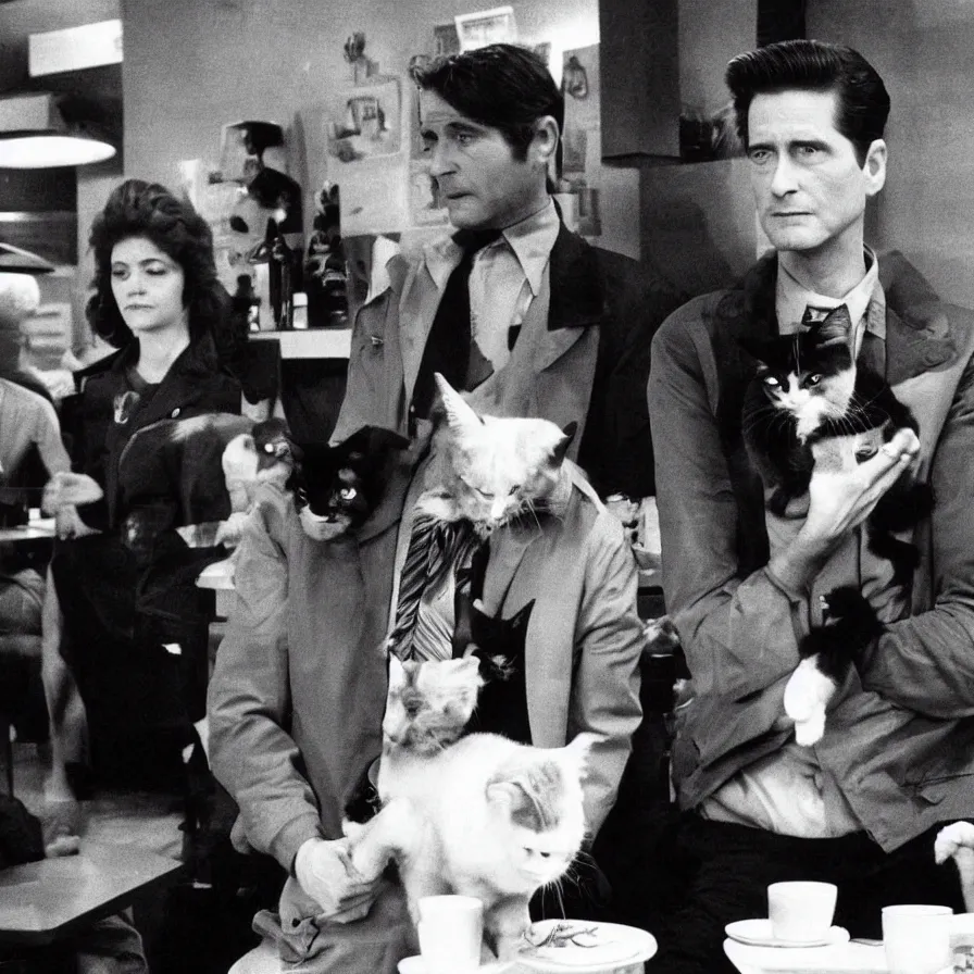 Image similar to special agent dale cooper at a cat cafe, twin peaks, television 1980s