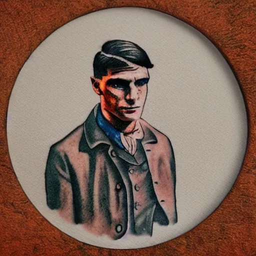 Prompt: a tattoo of thomas shelby, color restoration, sketch, watercolor, only his face in a round frame, dotted