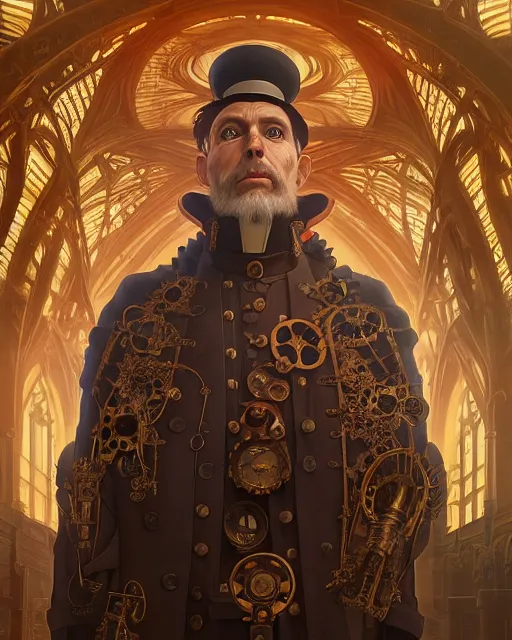 Image similar to highly detailed surreal vfx portrait of a steampunk priest in a steampunk cathedral, stephen bliss, unreal engine, greg rutkowski, loish, rhads, beeple, makoto shinkai and lois van baarle, ilya kuvshinov, rossdraws, tom bagshaw, alphonse mucha, global illumination, detailed and intricate environment