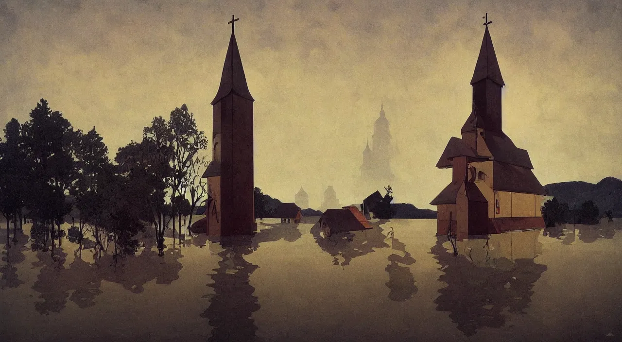 Prompt: single flooded simple wooden church tower, very coherent and colorful high contrast!! masterpiece by rene magritte simon stalenhag carl spitzweg syd mead norman rockwell edward hopper james gilleard, minimalist, dark shadows, sunny day, hard lighting