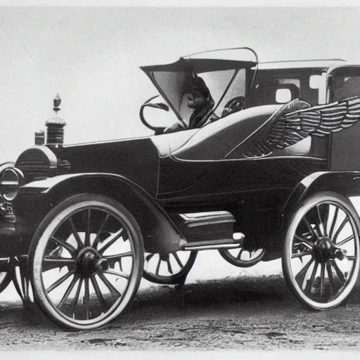 Prompt: an oldie car with wings and horse black-white retro photo 1910, man in front