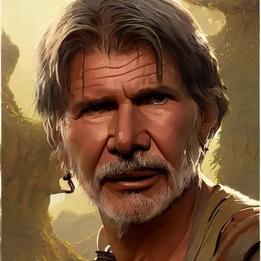 Image similar to harrison ford as indian jones, highly detailed, illustration, fantasy art, in the style of greg rutkowski, cinematic shot, epic, fantasy, intricate, hyper detailed, artstation, concept art, smooth, sharp focus, ray tracing