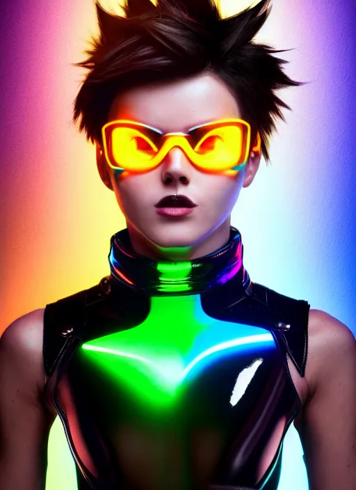 Image similar to hyperrealistic style portrait of tracer overwatch, confident pose, wearing black iridescent rainbow latex, rainbow, neon, 4 k, expressive surprised expression, makeup, wearing detailed black leather collar, wearing sleek armor, studio lighting, black leather harness, expressive detailed face and eyes,