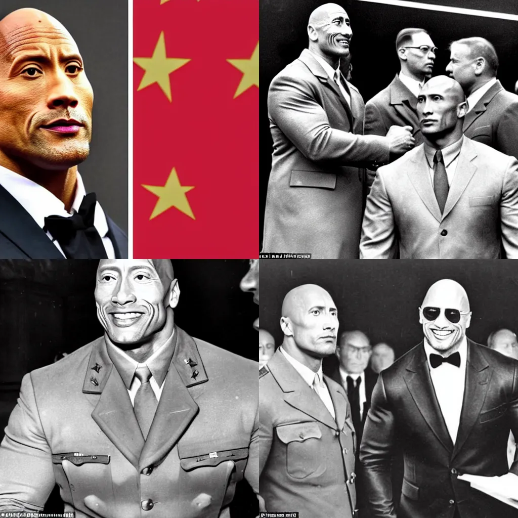 Prompt: Dwayne Johnson is a communist soviet ambassador at a world conference on WWII and Communism, historical footage, highly detailed