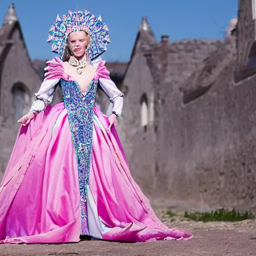 Prompt: an infallible princess with long blonde hair and blue eyes wearing a elaborately beaded pink dress and pink conical hennin, high resolution film still, live-action film by Simon Langton