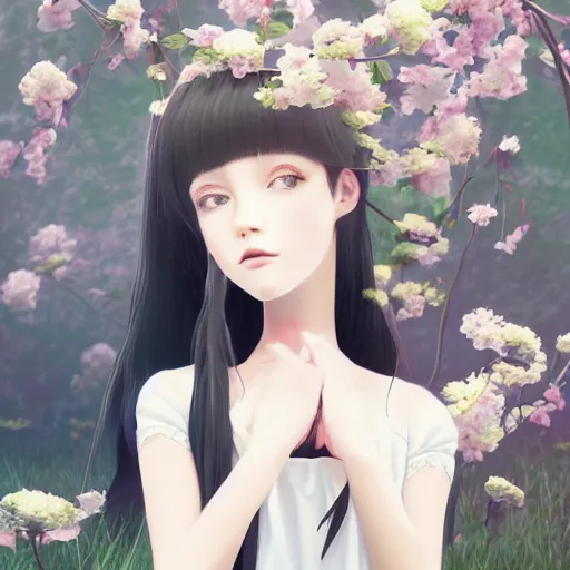 Image similar to little girl with her long black hair dressed in a simple white dress putting flowers on hair, anime art style, digital artwork made by ilya kuvshinov, inspired in balthus, hd, 4 k, hyper detailed