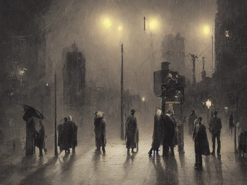 Prompt: few people waiting in a bus stop in dark city night, high quality, detailed, high resolution, in the style of ismail inceoglu zdizlaw beksinski bastien deharme jacek yerka mc escher winslow homer craig j. spearing thomas eakins pablo carpio