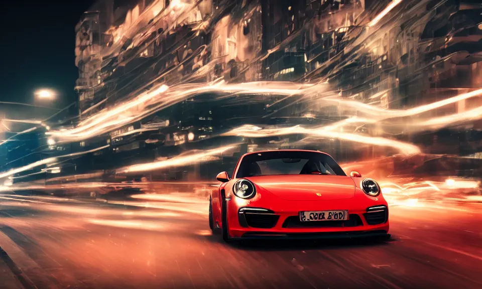 Image similar to photo of a porsche 911 at night drifting through a city, octane render, cinematic, 4k, long exposure photography, tokyo drift, fast and furious, film still, night photography, motion blur, lens flare, movie shot, light trail, distortion, wide angle