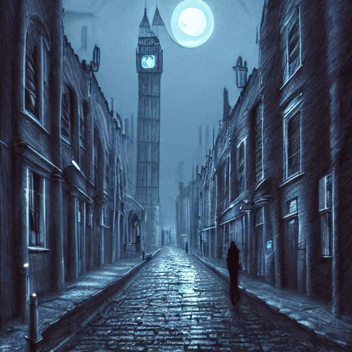 Prompt: jack the ripper lurking in a dark alleyway, one point perspective, full moon, foggy night, black alley cat, cobblestone road, stone arch, big ben, digital painting, hyperrealistic, macabre, spooky, trending on artstation