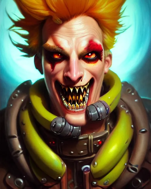 Image similar to junkrat from overwatch, slight smile, fantasy, fantasy art, fantasy, colorful, elegant, character portrait, portrait, close up, highly detailed, intricate detail, amazing detail, sharp focus, vintage fantasy art, vintage sci - fi art, radiant light, caustics, by boris vallejo