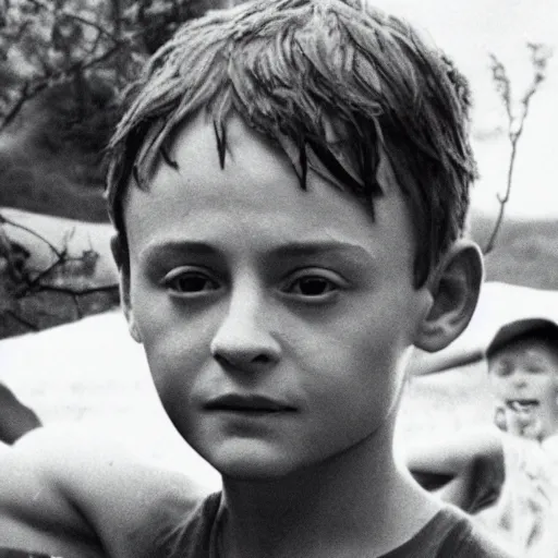 Image similar to noah schnapp plays ralph in lord of the flies ( 1 9 6 3 ), 3 5 mm black and white, highly detailed, cinematic lighting