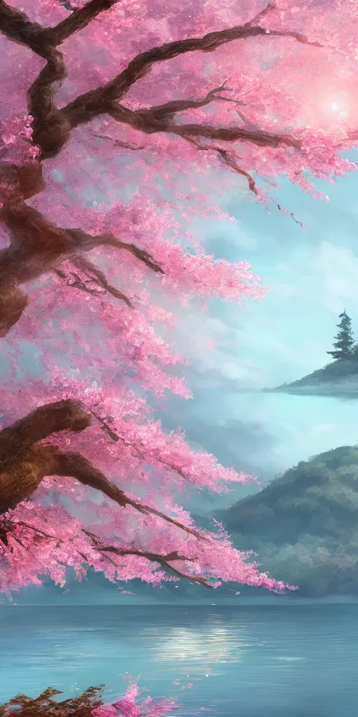 Image similar to a single sakura tree growing upon an island in a lake, cherry blossoms, illustration, light beams, digital art, oil painting, fantasy, 8 k, trending on artstation, detailed