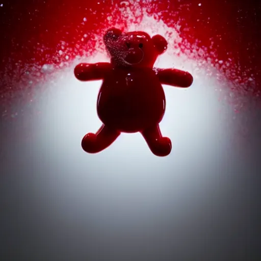 Prompt: a super cute red gummibear is exploding, extreme amount of particles, view from the front, macro lens, on a white table, white background