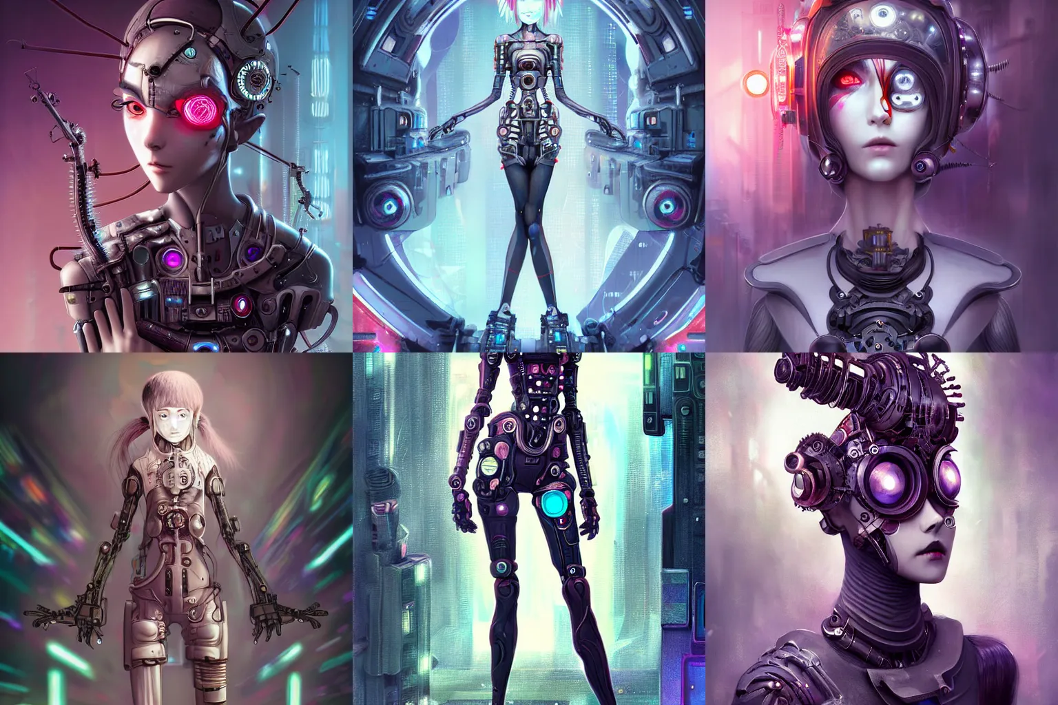 Prompt: detailed, sharp, cute humanoid female cyberpunk clockwork warrior by Anna Dittmann and by studio ghibli and Tim Burton and Junji Ito and Zdzislaw Beksinski. digital art. surreal. featured on art station. anime arts. featured on Pixiv, HD, 8K, highly detailed, good lighting