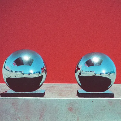 Prompt: chrome spheres on a red cube, agfa optima 200