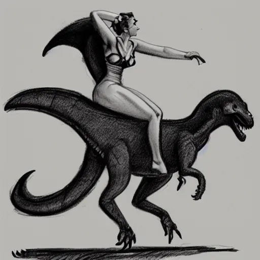 Image similar to a pencil sketch of a pinup girl riding a tyrannosaurus rex, white background, black and white