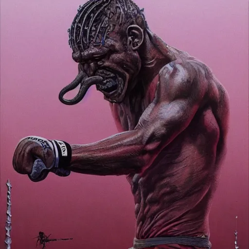 Prompt: tony ferguson knocked out illustrated by Wayne Barlowe, Zdzisław Beksiński, H. R. Giger, mma, mixed martial arts, mixed martial artists, UFC, Ultimate Fighting Championship, trending on artstation, detailed art, oil painting, C 10