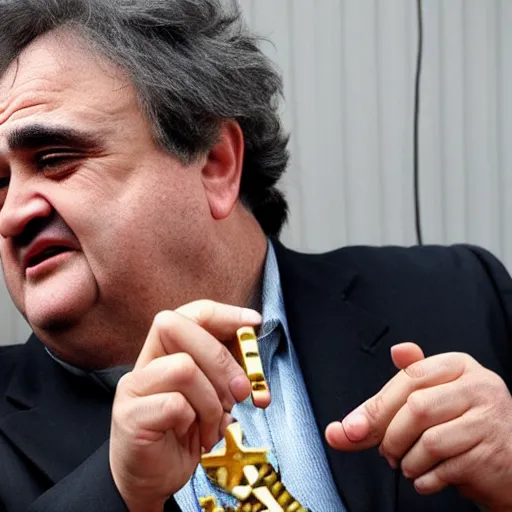 Prompt: a man who looks like john belushi with the face of gordon brown, wearing a tracksuit and big gold many pointed star shaped medallions