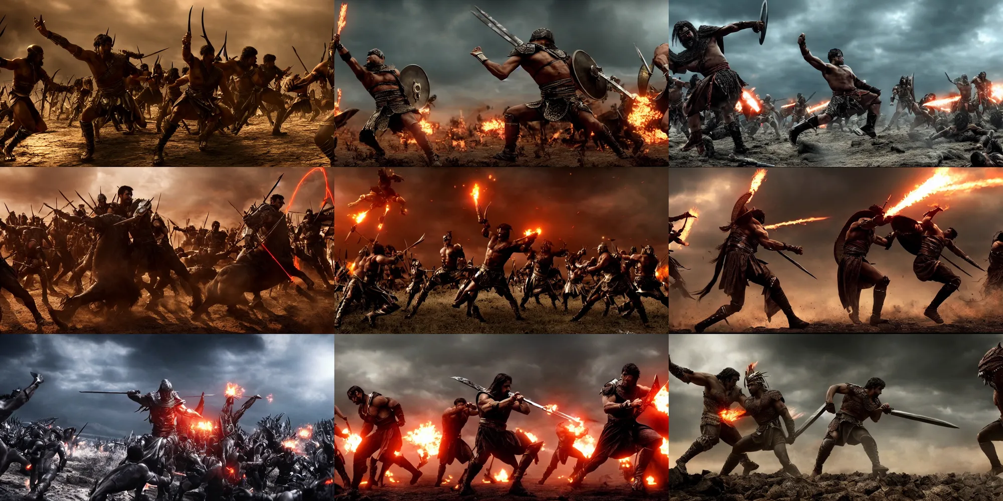 Prompt: epic battle screen of hero, film still from the movie'3 0 0'( 2 0 0 6 ), 3 d, 8 k realistic, cryengine, playstion 5 screen, cinematic lighting