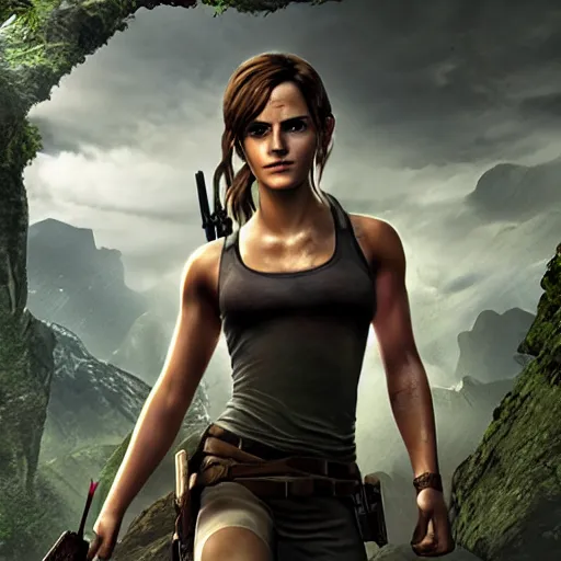 Prompt: Screenshot of Emma Watson as Lara Croft video game