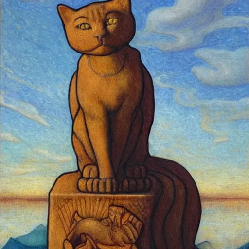 Image similar to cloisonne cat sculpture from a lost civilization, by annie swynnerton and diego rivera and nicholas roerich and jean delville and charlie bowater, symbolist, dramatic lighting, god rays, art brut, rich colors, smooth sharp focus, extremely detailed, adolf wolfli and ( donato giancola and bilibin )