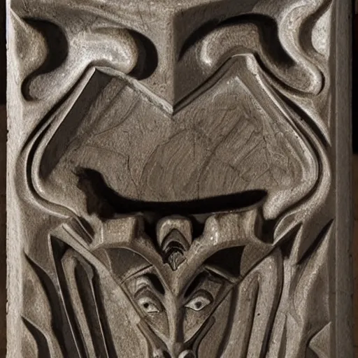 Image similar to polished rectangular stone with demon wings and a subtle male demon face engraved in the stone, oil painting, detailed, realistic