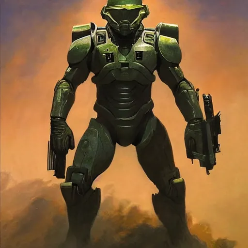 Image similar to ultra realistic portrait painting of zion williams as master chief, art by frank frazetta, 4 k, ultra realistic, highly detailed, epic lighting