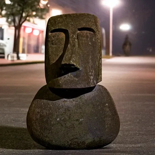 Image similar to a moai head statue roller skating on the street, set at night