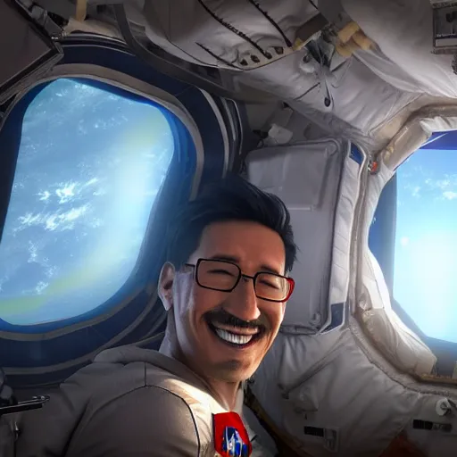 Prompt: Evil Markiplier looking out of the window of the International Space station with a smile on his face. Devilish markiplier unreal engine imagery with markiplier. Digital art from Nasa, trending on art station, created by beeple, complementary of the International Space Station.