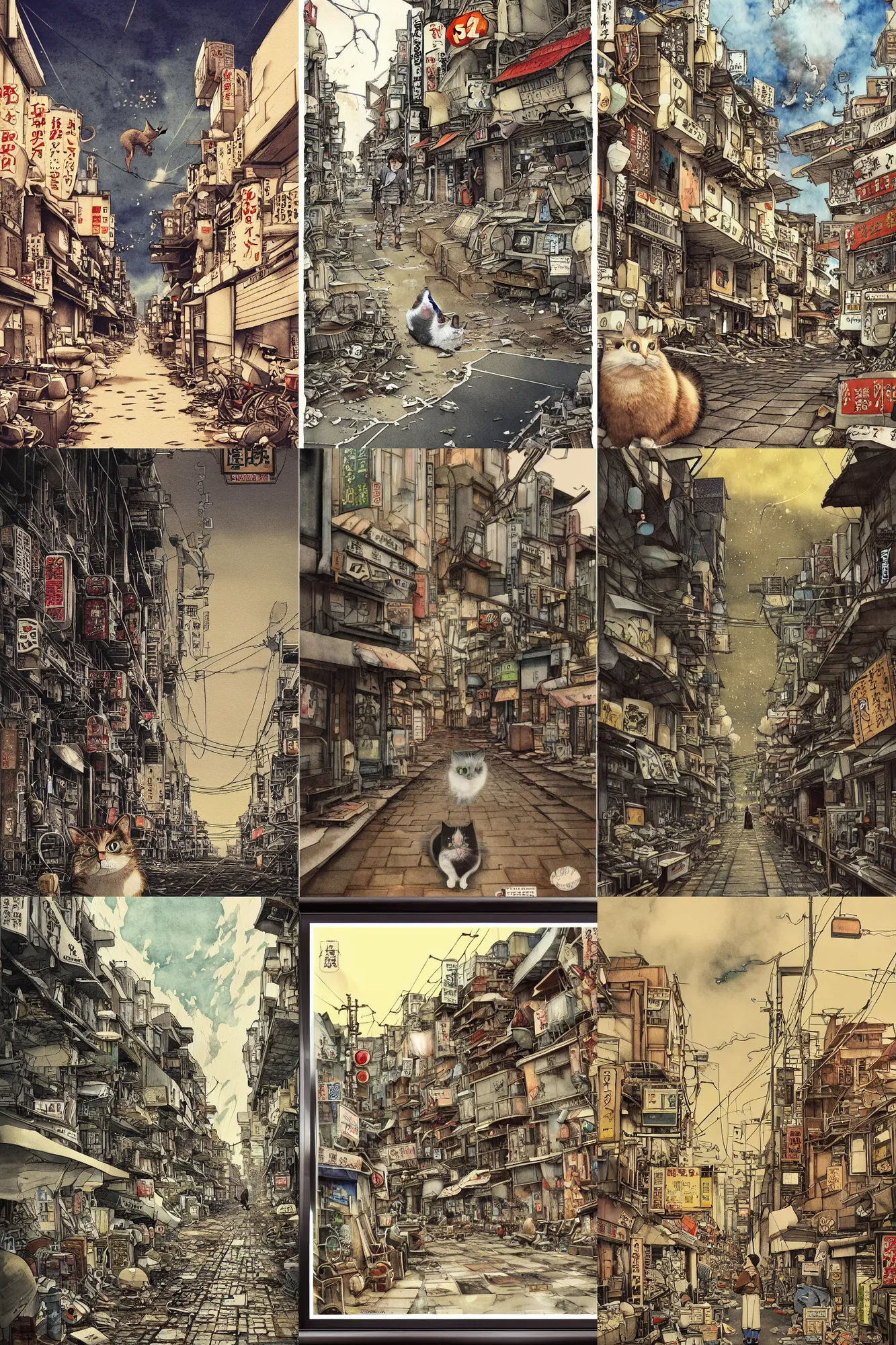 Prompt: incredible miyazaki, movie poster, low angle, tatsuyuki tanaka, detailed watercolor, back lit, paper texture, movie scene, cat in the street, close up cat, catching mice in a deserted dusty shinjuku junk town, old pawn shop, bright sun bleached ground , spot light, pale beige sky, junk tv, texture, brown mud, dust, overhead wires, telephone pole, dusty, dry, pencil marks