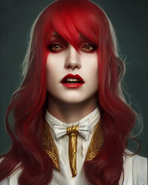 Image similar to female vampire, perfect face, gold waistcoat, red shirt, long grey hair, red necktie, cinematic, stunning, highly detailed, digital painting, artstation, smooth, hard focus, illustration, art by artgerm and greg rutkowski and alphonse mucha