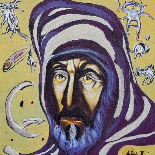 Image similar to abstract painting of ian mckellen as osama bin laden in a dark hood fighting an alien invasion in deep space by creatures from jupiter, arial shot, highly detailed, award painting, 8 k