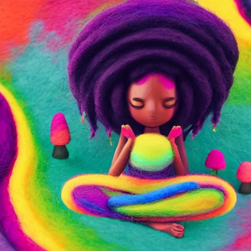 Image similar to a black girl with colorful dreadlocks and big beautiful eyes meditating in a rainbow magic mushroom zen garden, bokeh, bright colors, synthwave, watercolor, volumetric wool felting, felt, macro photography, children illustration, by goro fujita