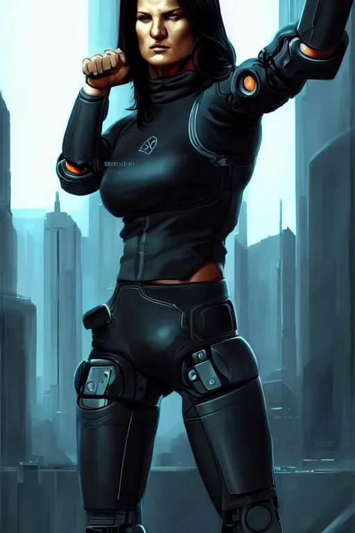 Image similar to gina carano with robotic left arm, casual black clothing, muscular, realistic proportions, casual pose, large portrait, cyberpunk, shadowrun, rpg character, digital painting, artstation, concept art, smooth, 8 k frostbite 3 engine, ultra detailed, art by artgerm and greg rutkowski and magali villeneuve