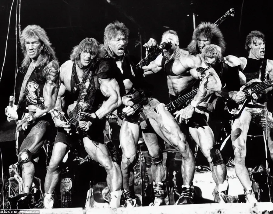 Prompt: colour photo off arnold schwarzenegger, sylvester stallone, dolph lundgren, Chuck Norris and Jean-Claude Van Damme in a heavy metal band, playing guitars, drums, on stage at monsters of rock 1985