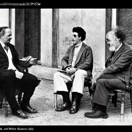 Image similar to Sokrates, Platon and Einstein discussing about general relativity, ultra high definition photorealisitc