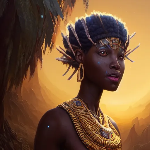 Image similar to highly detailed portrait of an african bbw egyptian goddess, intricate alien technology, stephen bliss, unreal engine, fantasy art by greg rutkowski, loish, rhads, ferdinand knab, makoto shinkai and lois van baarle, ilya kuvshinov, rossdraws, tom bagshaw, global illumination, radiant light, detailed and intricate environment