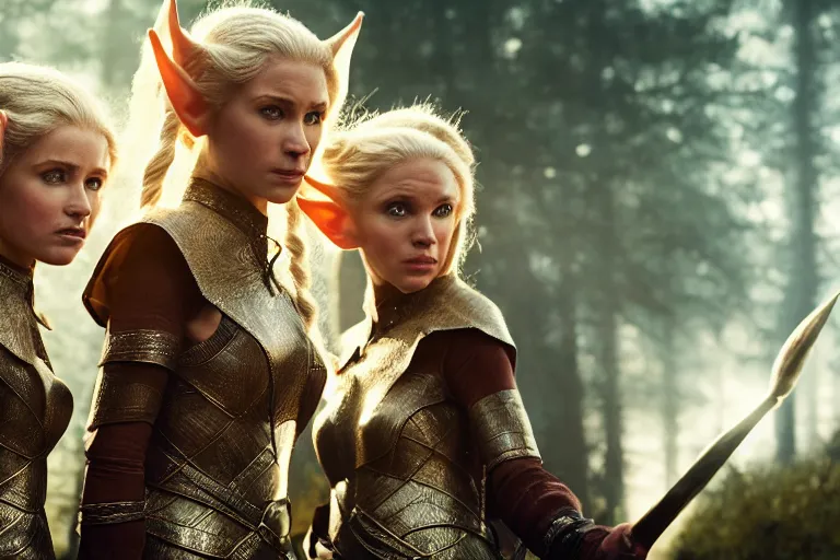 Prompt: a cinematic headshot portrait of three female elf warriors, 8 k, ultra realistic, movie still, dramatic lighting, mist, rays of light, by annie leibovitz