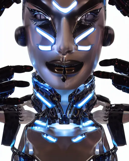 Image similar to 3 / 4 portrait photo of sensual dancer as a cyberpunk mecha humanoid robotic head shoulder parts with straight bright led lights, inside white room, ultra - realistic and detailed, 8 k