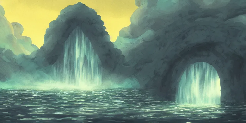 Prompt: a cell - shaded studio ghibli concept art study of a square dimensional portal doorway in a flooded desert on a misty starry night. a waterfall is flowing out of the portal. very dull colors, hd, 4 k, hq