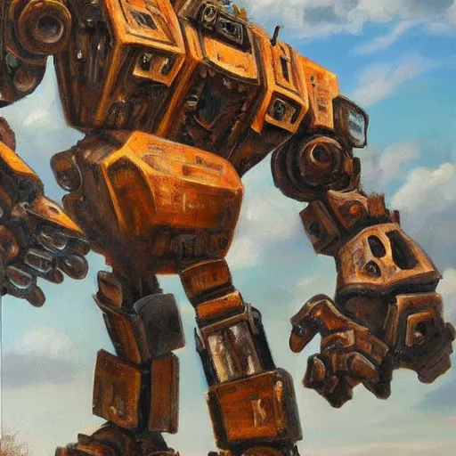 Image similar to oil painting of a huge rusting mech, that resembles a gorilla, highly detailed, complex, intricate